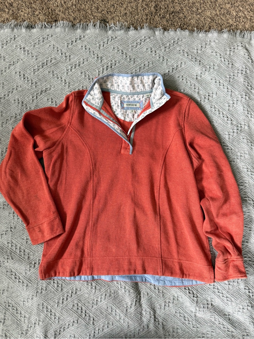 Orvis Quarter Zip Pullover | Coral Orange | Floral Trim | Size Medium